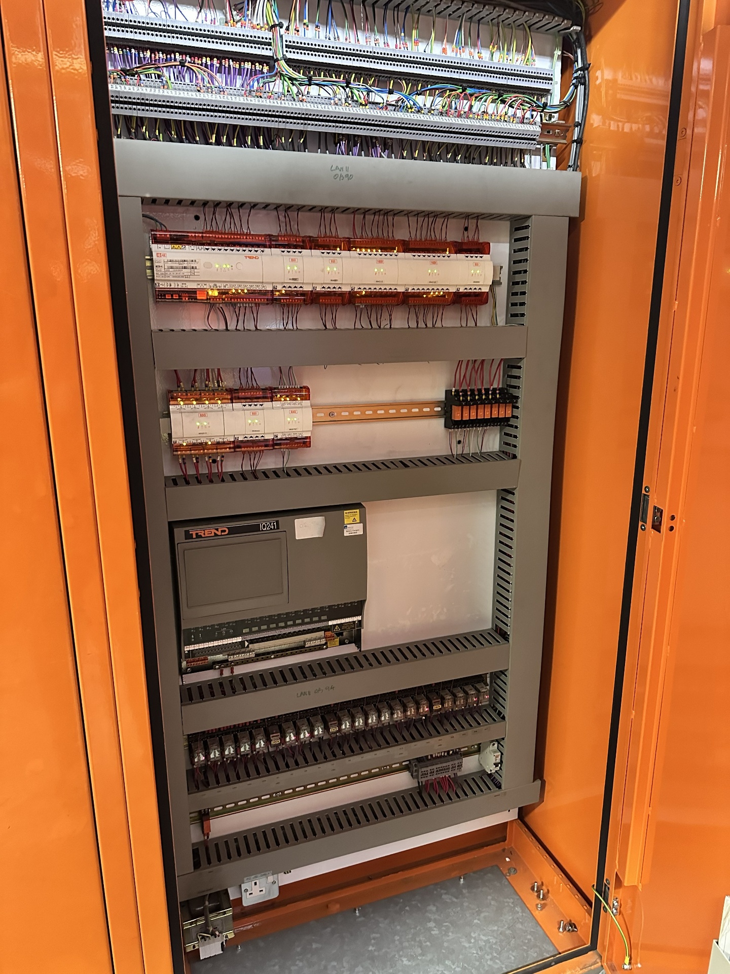 Recovered BMS panel with modern Trend IQ4 controllers, tidy wiring and clear labelling