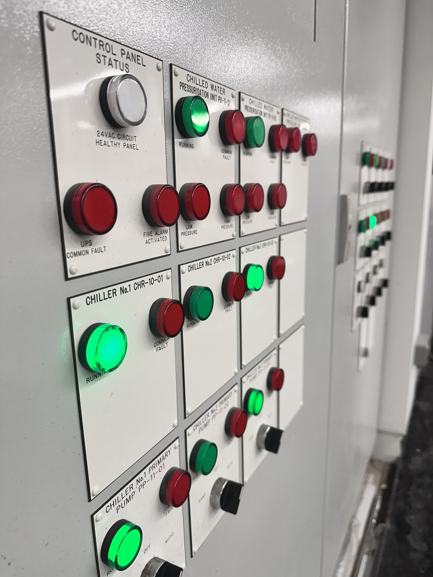 Chiller and pump control panel status lamps showing running and fault indication